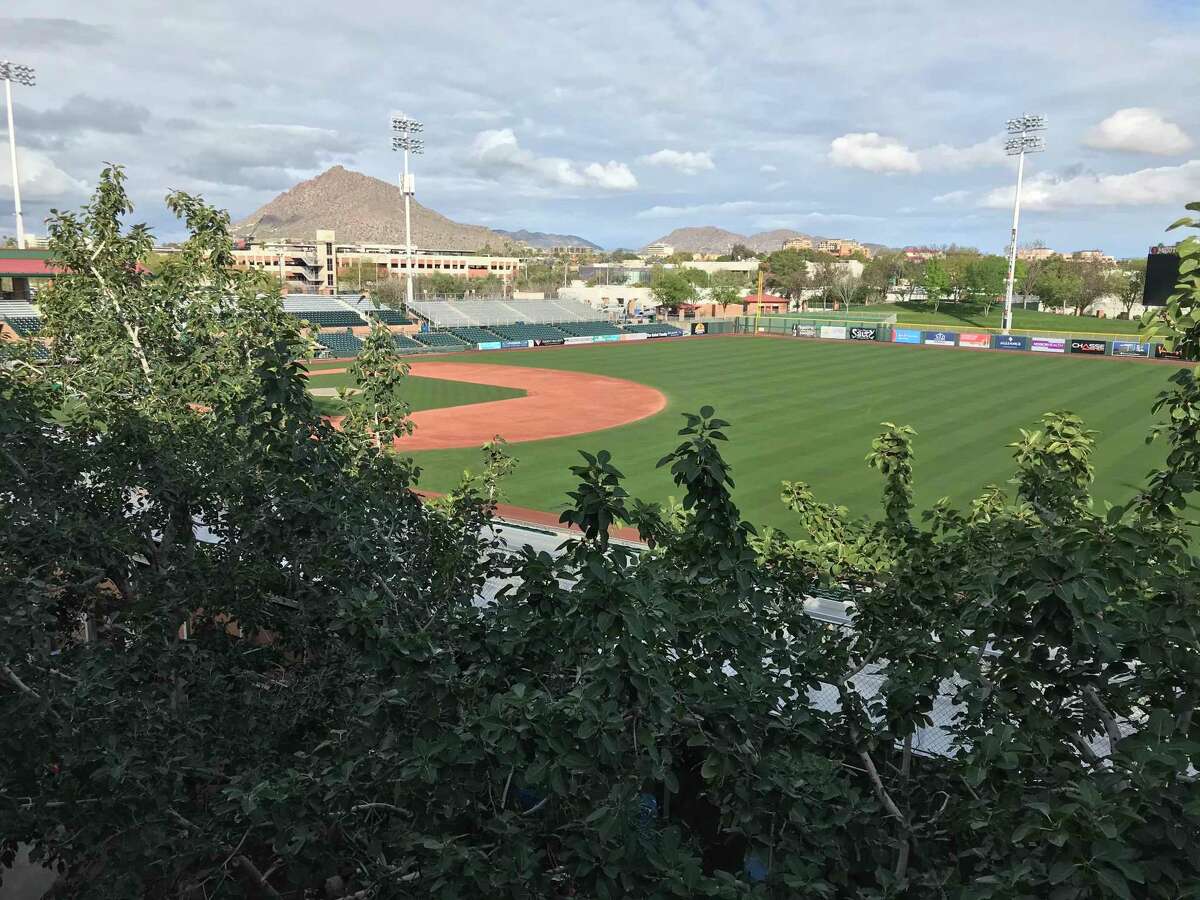 The view of Scottsdale Stadium from a third-floor deck of the new 40,000-square-foot clubhouse building.