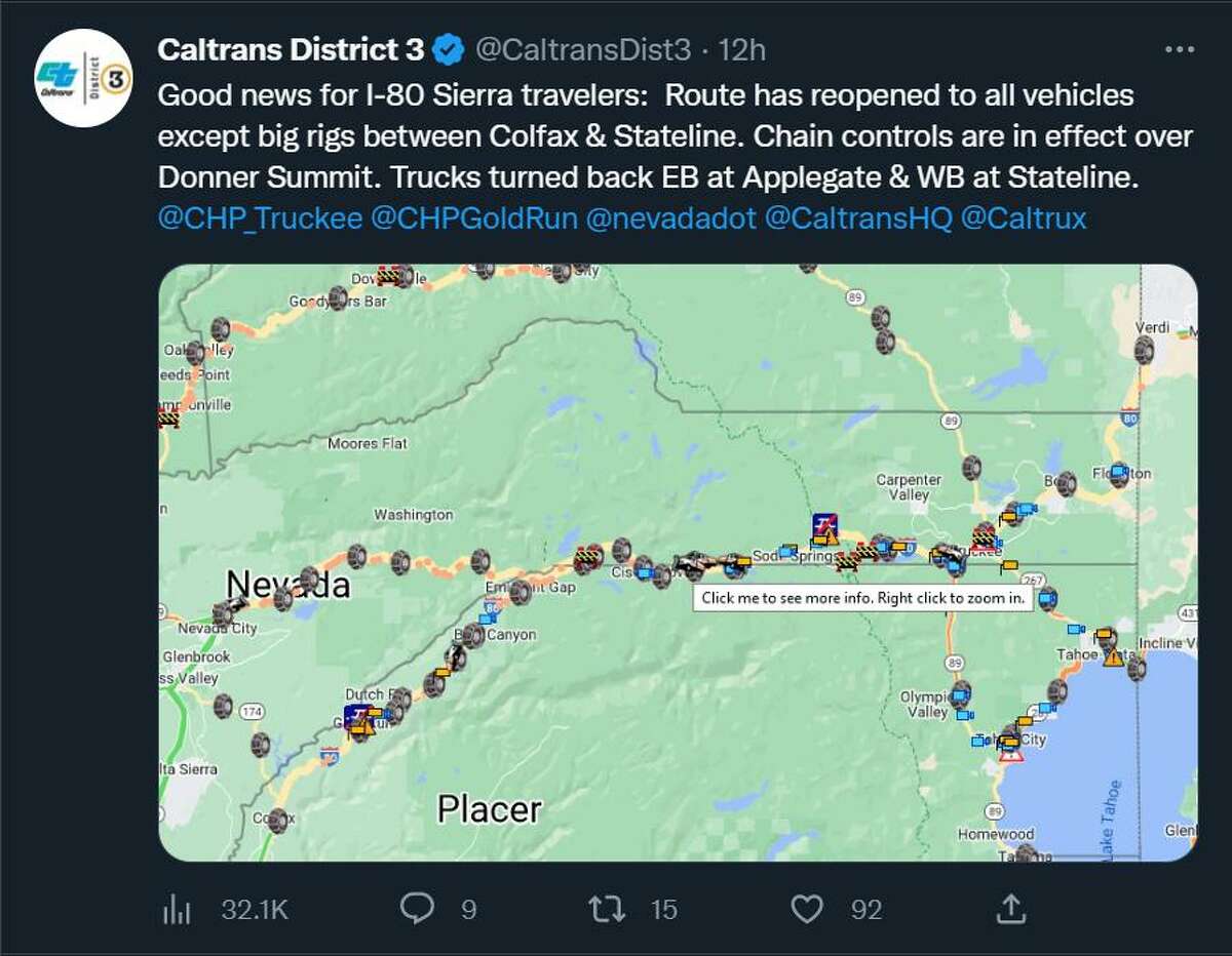 A screenshot of a tweet by Caltrans District 3, which is one of several accounts travelers can follow for the latest information on road and weather conditions in the Sierra Nevada.