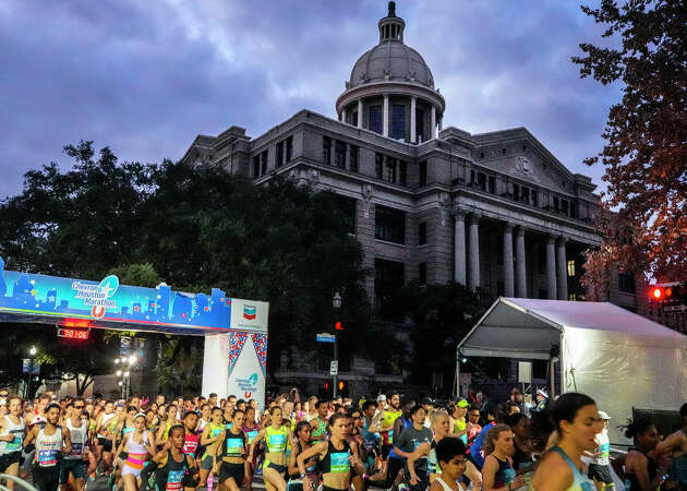 Runners take off from the starting line for the 51st Chevron Houston Marathon on Sunday, Jan. 15, 2023 in Houston.