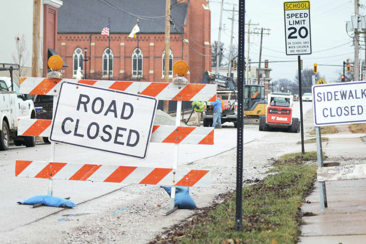 City workers continue to work on the water main project on North Buchanan Street on Monday in Edwardsville. This closure, and recent periodic closures on East Vandalia Street and Hillsboro Avenue, is part of the North Buchanan water main replacement project.