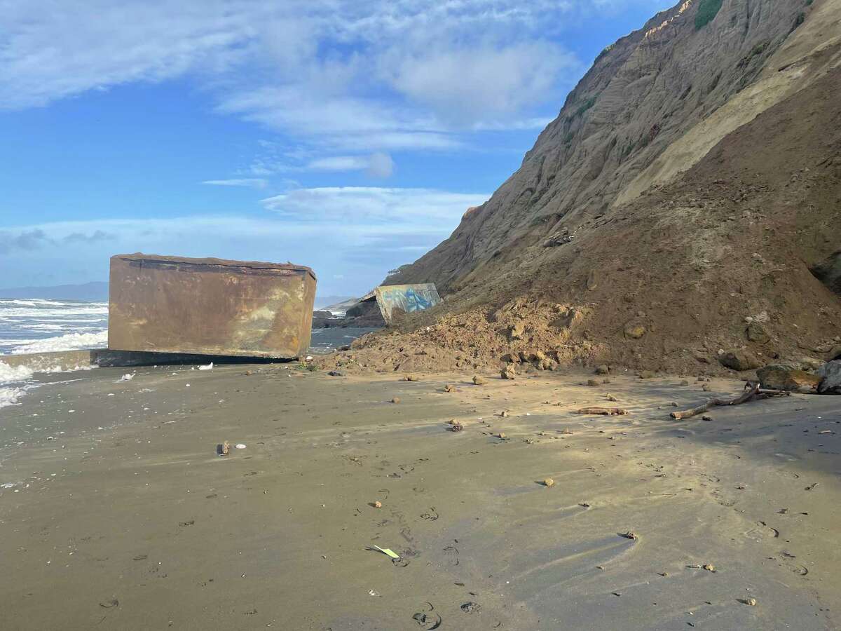 A WWII military structure slid off a cliff and onto the beach below at Fort Funston in San Francisco.