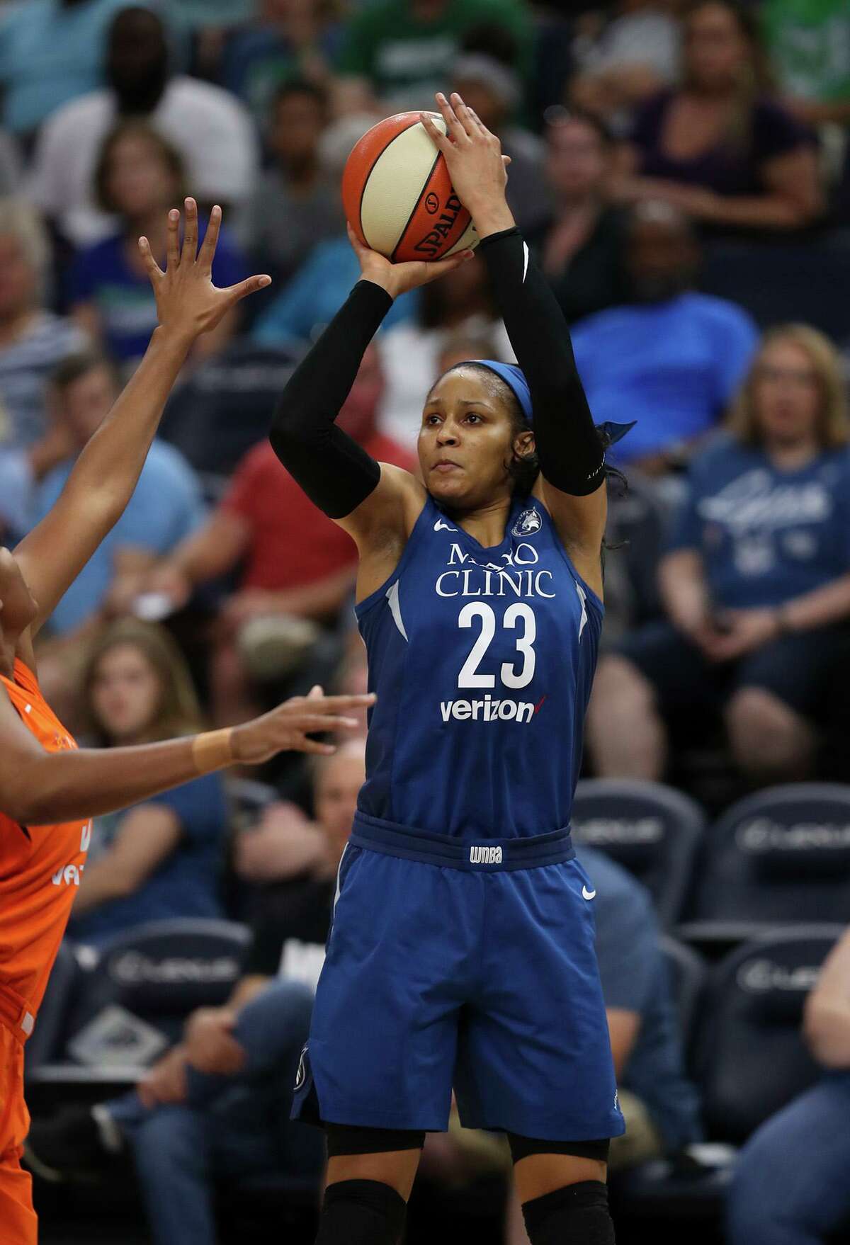 Minnesota Lynx forward Maya Moore (23) shoots in the first half against the Connecticut Sun on Sunday, July 15, 2018 at Target Center in Minneapolis, Minn. Moore announced she would sit out the 2019 WNBA season, citing her faith and goals she wants to accomplish. (Jeff Wheeler/Minneapolis Star Tribune/TNS)