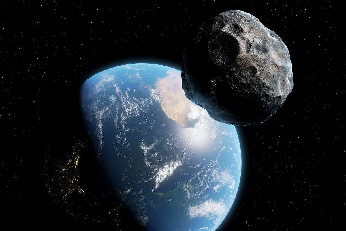 An artist rendering of an asteroid approaching Earth.
