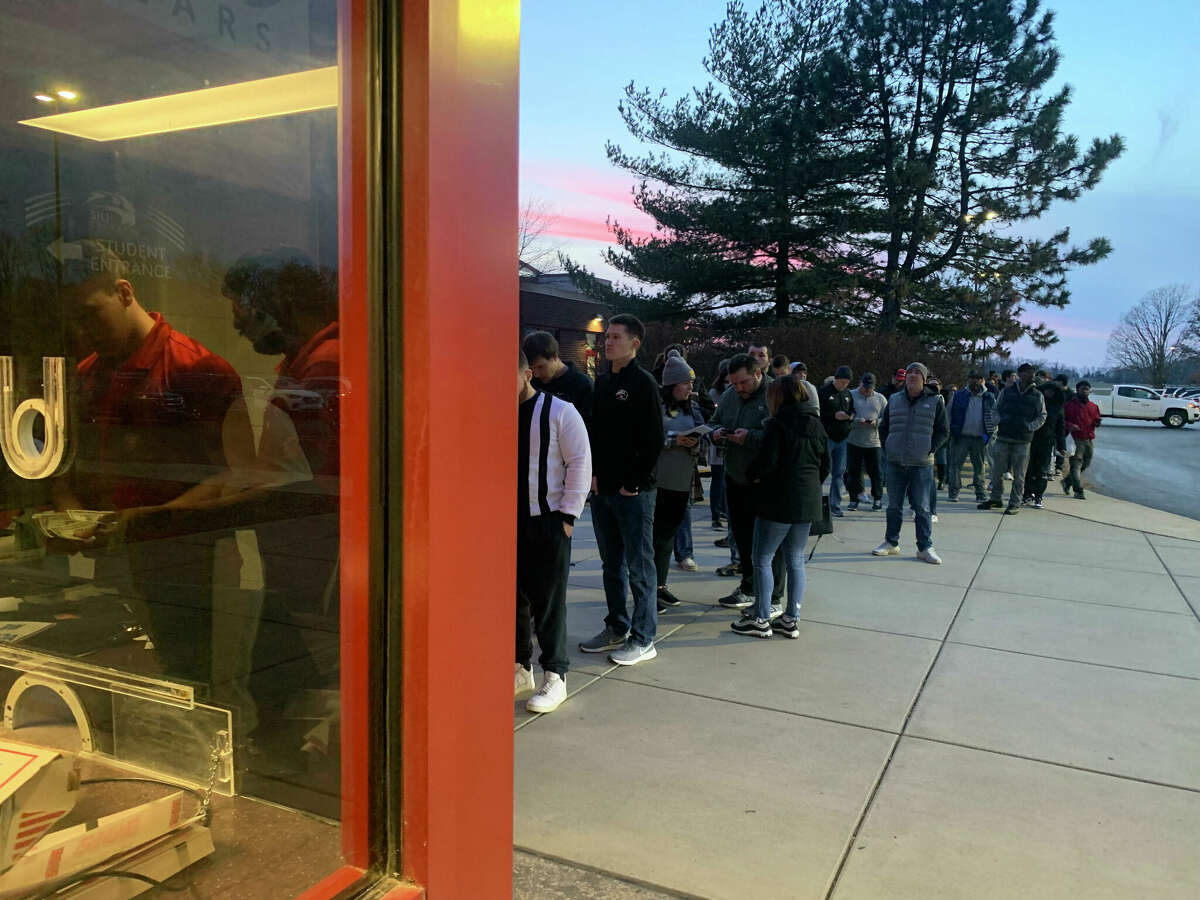 A line forms outside of the ticket box before the SIUE-Lindenwood men's basketball game at First Community Arena in Edwardsville.