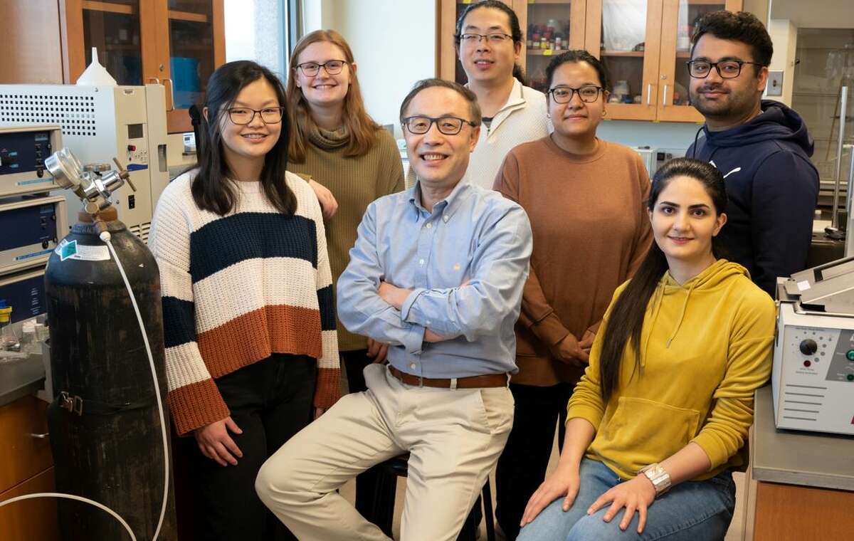 Members of a Southern Illinois University Edwardsville enzyme project that recently received a $433,000 grant include, from left, Jessica Sager, Ava Austin, Yun Lu, PhD, professor in the Department of Chemistry, Mingxuan Bai, Grishma Singh, Sanaz Salarvand and Pratap Rijal.