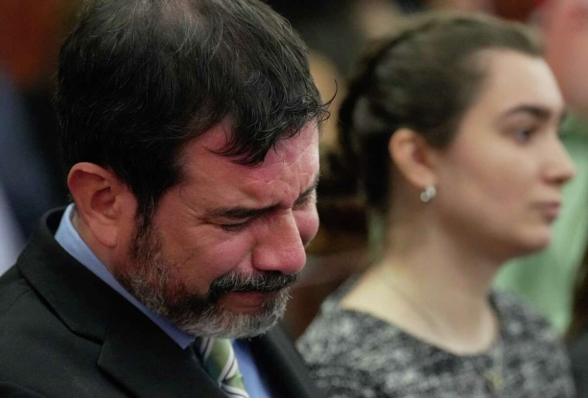 Paul Castro, father of David Castro, gets emotional when Gerald Williams, who killed David Castro during a road rage after a Houston Astros game in 2021, enters a guilty plea Tuesday, Jan. 17, 2023, at Harris County Criminal Courts at Law in Houston. Williams was sentenced 30 years on a murder charge of David Castro.