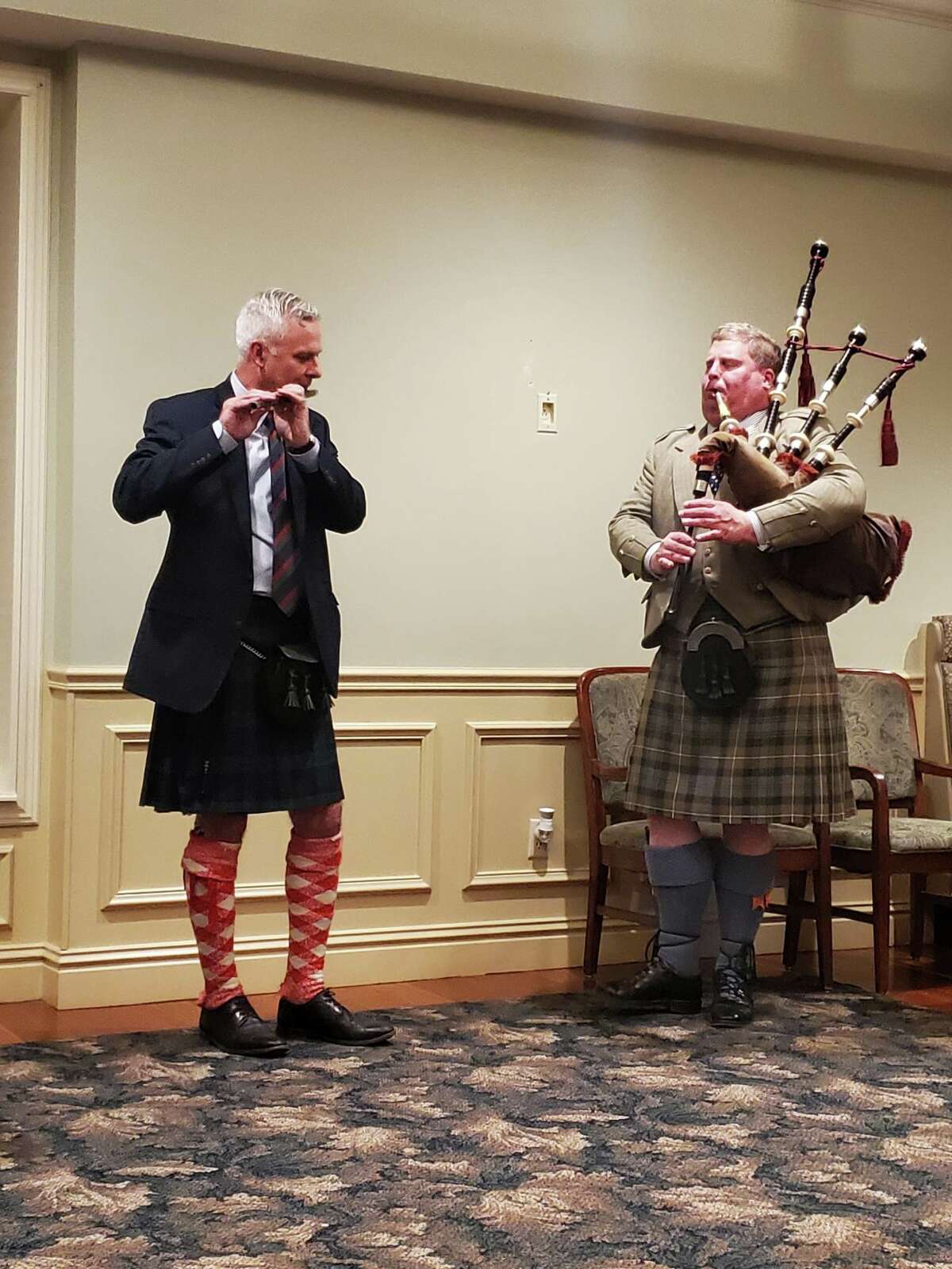 Edward Mandrell, left, and Matt Pantaleoni, President of The Scottish St. Andrew Society of Greater St. Louis, perform Scottish music Saturday at a birthday celebration in Godfrey for the late Scottish poet Robert Burns. Organizers hope the event may become an annual celebration.