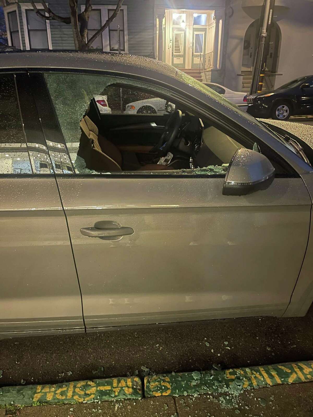 One of more than a dozen car windows smashed to gain entry on Filbert Street in San Francisco, Calif.