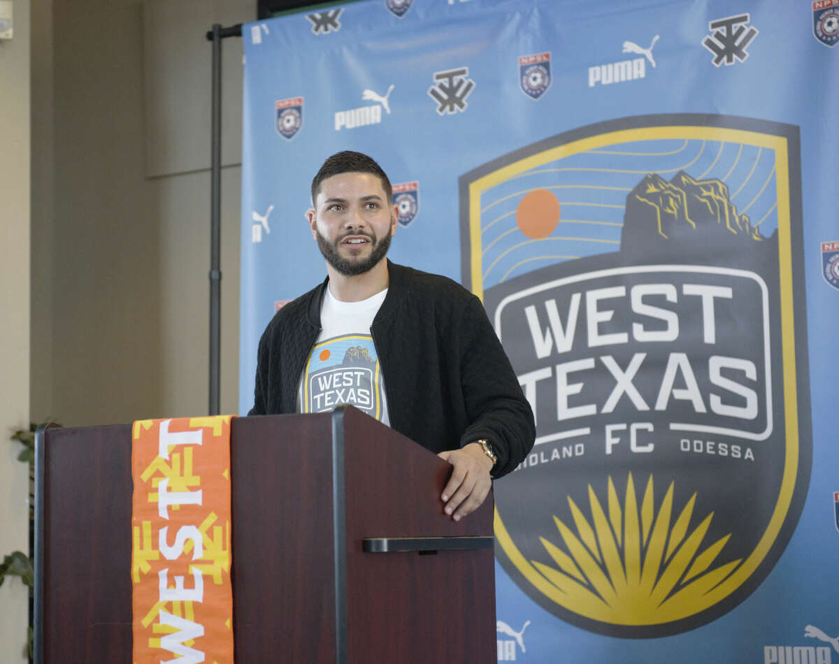 West Texas FC head coach Victor Domingues is introduced on Jan. 17 at the Diamond Club at Momentum Bank Ballpark. 