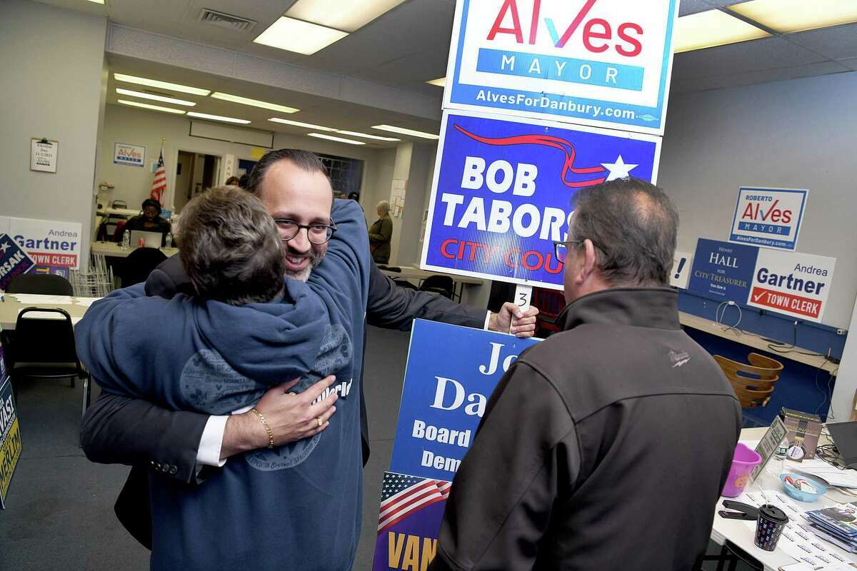 Roberto Alves greets supporters at Democratic Headquarters on Main Street in Danbury as the polls were closing on election night, Tuesday, Nov. 2, 2021.
