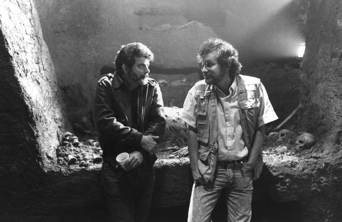 Executive producer George Lucas (left) and director Steven Spielberg on the set of the film "Indiana Jones and the Last Crusade," 1989.