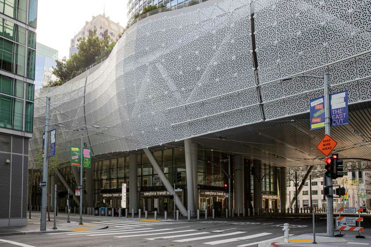 The empty bus stop at Salesforce Transit Center, shown in 2021, in San Francisco.