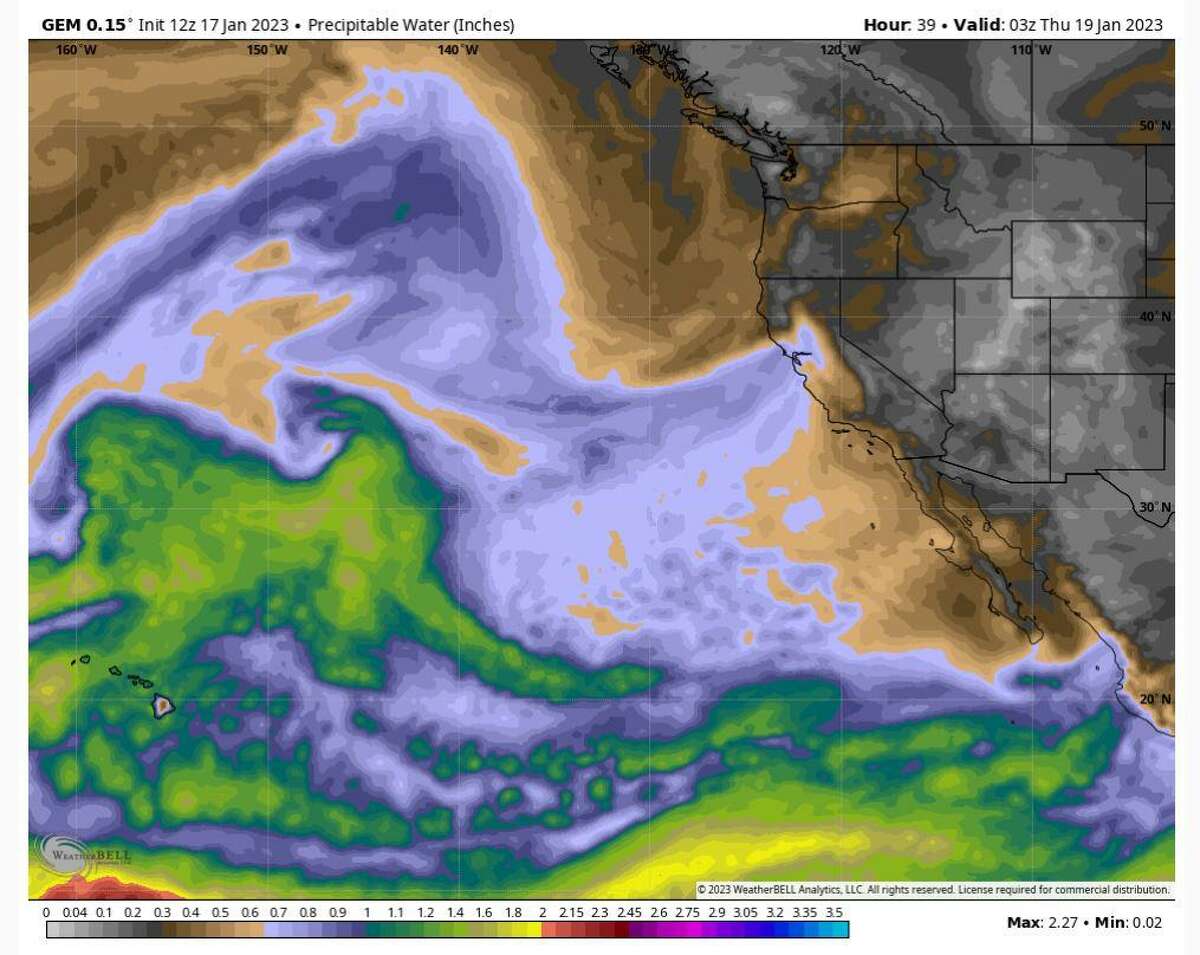 The Canadian weather model’s rendering of Wednesday evening’s precipitable water levels — how much water is stored in a column of the atmosphere — depicts another plume of moisture spilling into the Bay Area.