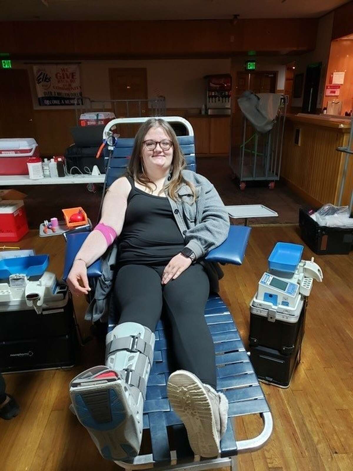 Standard City’s Darcy Cummings donates blood for the first time during the Carlinville Area Hospital Auxiliary’s Jan. 4 blood drive.