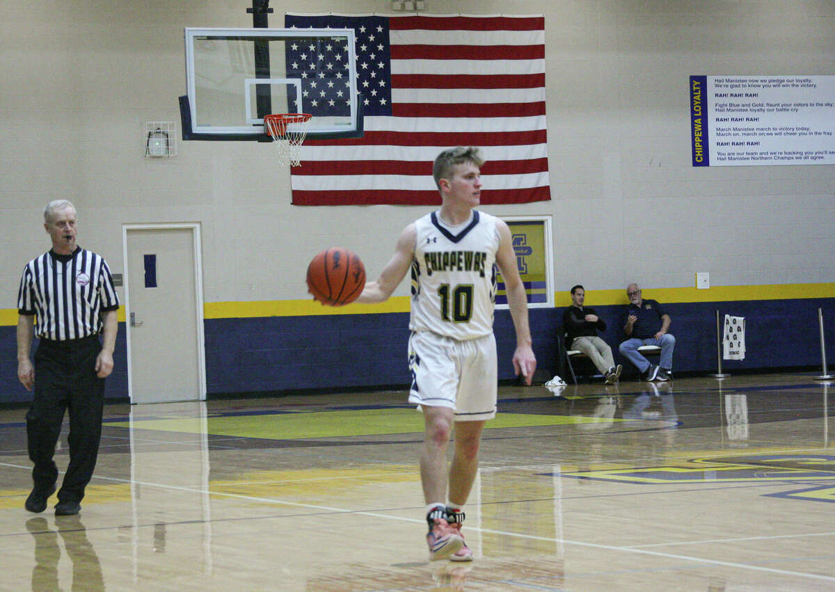 Manistee senior Jeff Huber brings the ball up the court against Montague on Jan. 17 at Manistee High School. 