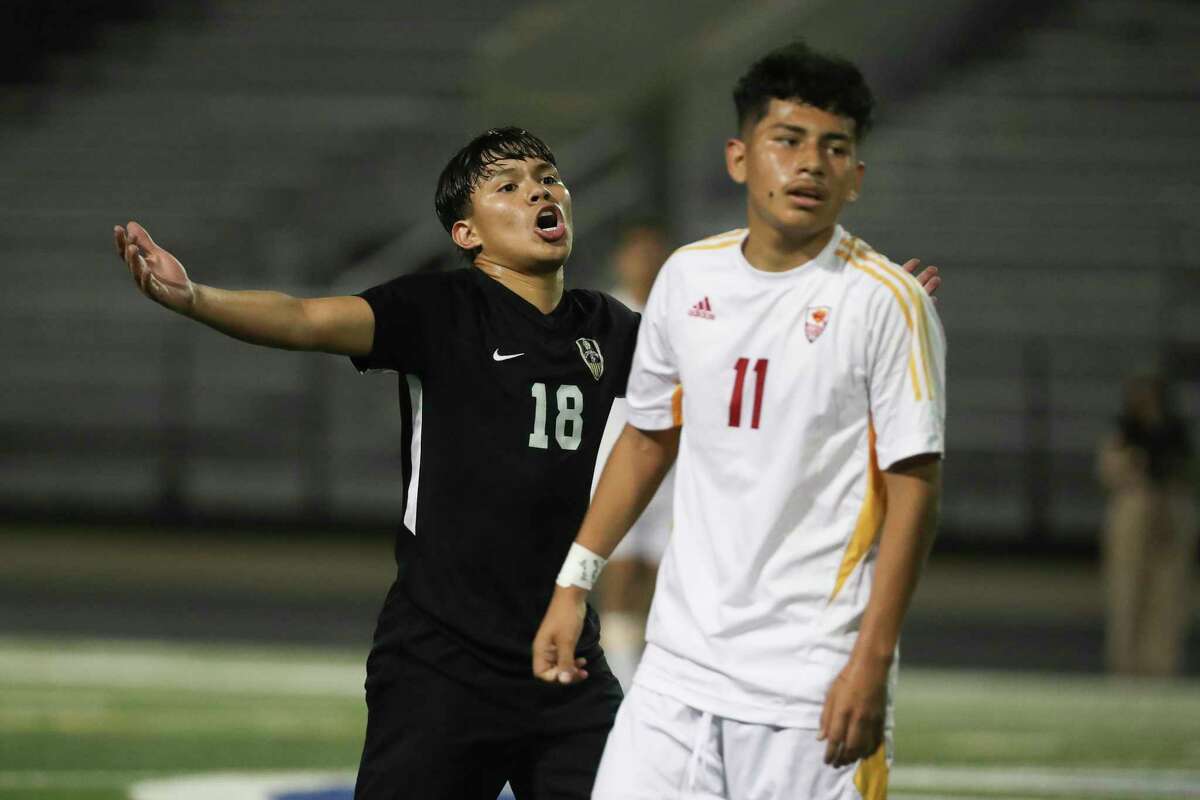 Conroe’s Joseph Canales (18) reacts to a call in the first half of a District 13-6A high school soccer match at Buddy Moorhead Stadium, Tuesday, Jan. 17, 2022, in Conroe.