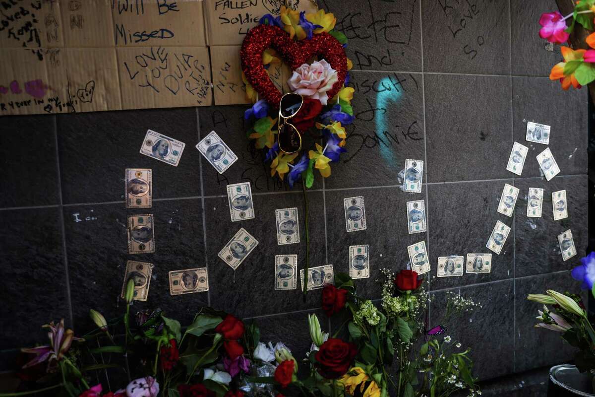 A memorial is seen for Abdul Cole who died of a fentanyl overdose in San Francisco, where new annual data reveals the fentanyl crisis is continuing with deaths dipping just slightly from last year.