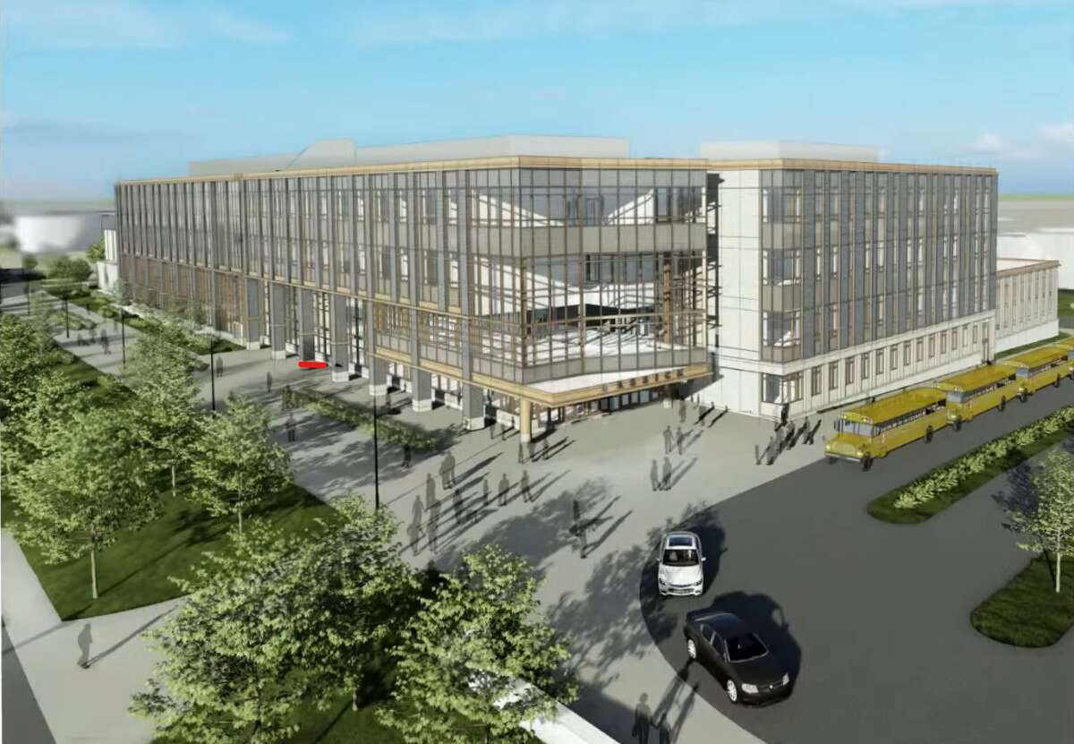A rendering shows the planned replacement for Bassick High School. City officials are preparing to begin construction on the four-story building that will also house the Bridgeport Military Academy. 