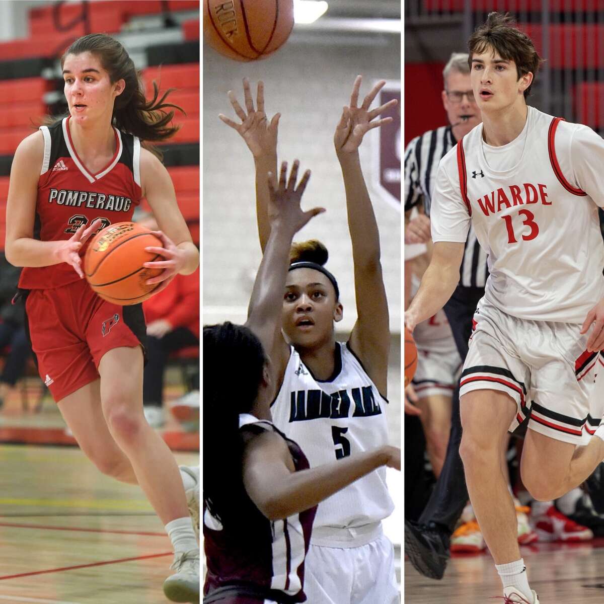 Thre of Connecticut's 2023 nominees to the McDonald's All-American basketball teams: From left, Pomperaug's Claudia Schneider; Hamden Hall's Jayda Johnson; Warde's Jack Plesser.