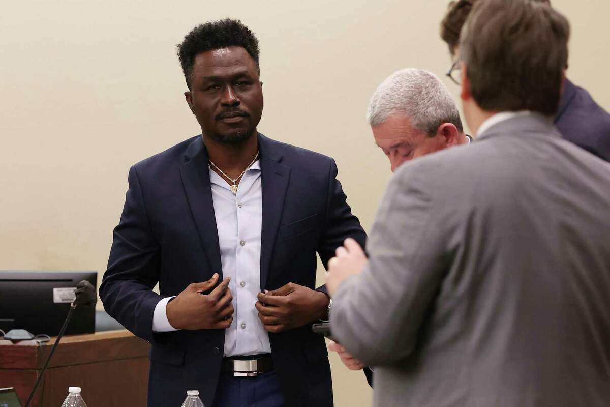 Air Force Reserve Maj. Andre Sean McDonald with his attorneys during a hearing in his murder trial in the 399th District Court before Judge Frank J. Castro on Wednesday. He is accused killing his wife, San Antonio businesswoman Andreen McDonald, in 2019.
