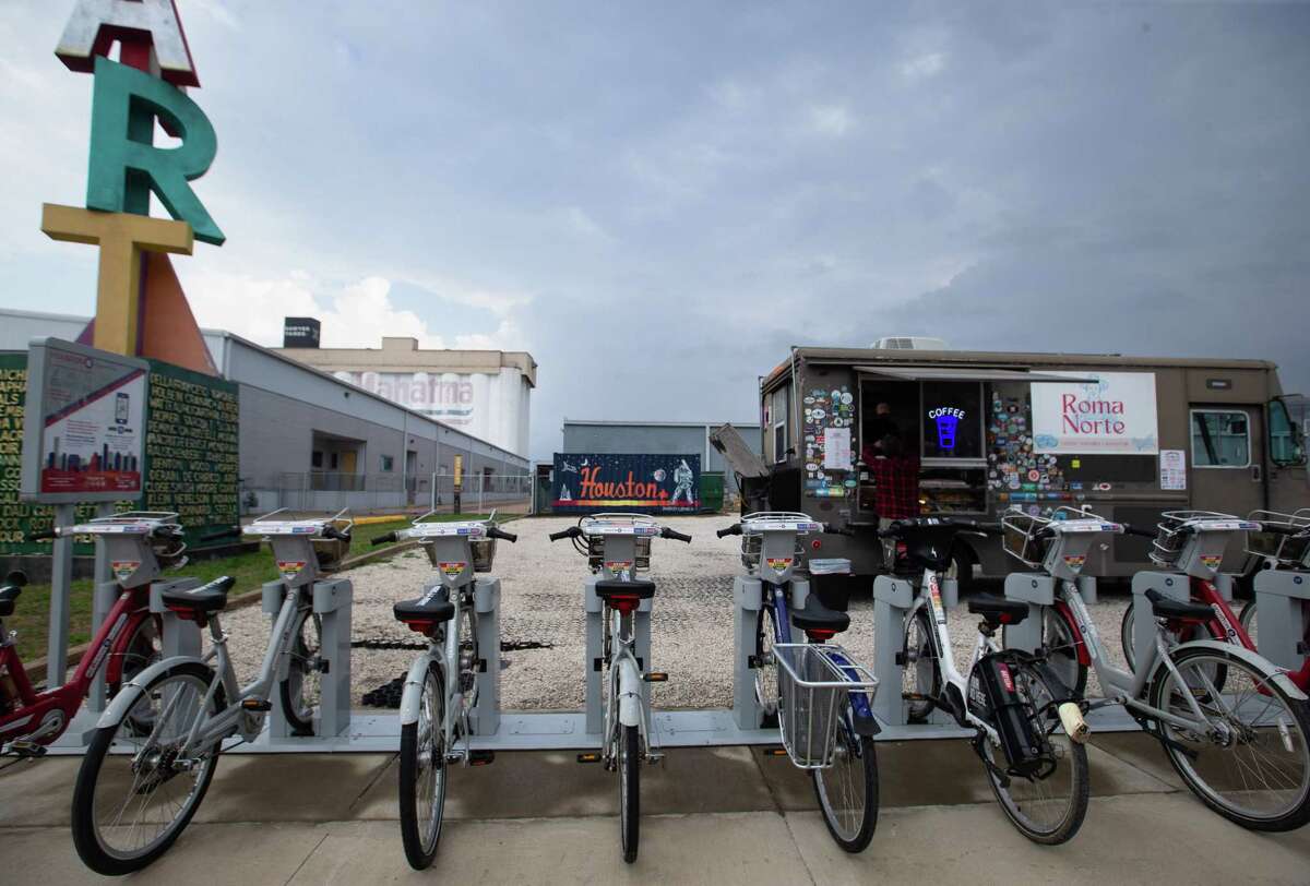 A B-Cycle station at Sawyer Yards is photographed Wednesday, Jan. 18, 2023, in Houston. The Metropolitan Transit Authority board on Thursday approved integrating the bike sharing system into Metro, over a six-to-nine month transition.
