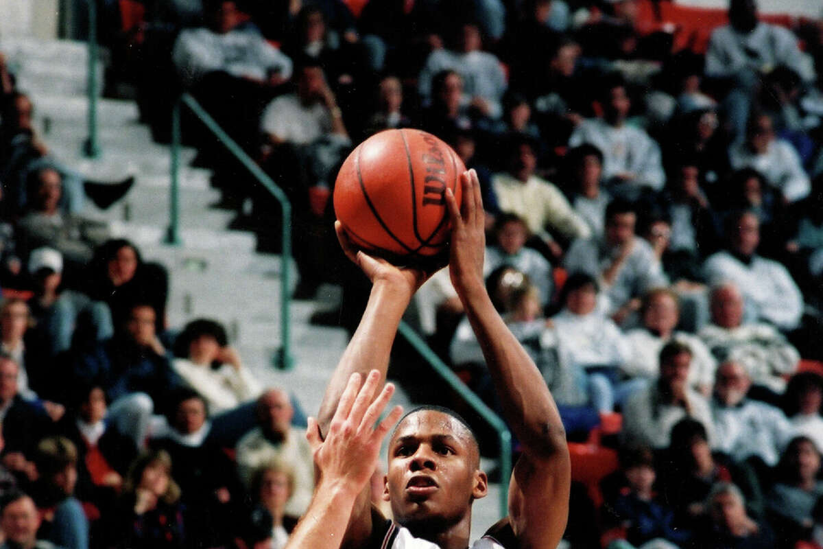 UConn's Ray Allen shoots over defense, Hartford, CT 1994. (Photo by Bob Stowell/Getty Images)