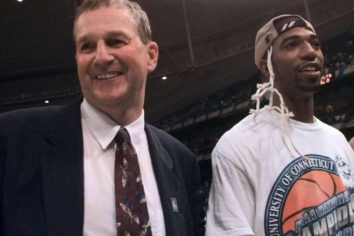 Connecticut head coach Jim Calhoun and MVP Richard Hamilton celebrate their 77-74 victory over Duke in the championship game of the NCAA Final Four, Monday, March 29, 1999, at Tropicana Field in St. Petersburg, Fla. (AP Photo/Ed Reinke) HOUCHRON CAPTION (03/31/1999): UConn coach Jim Calhoun