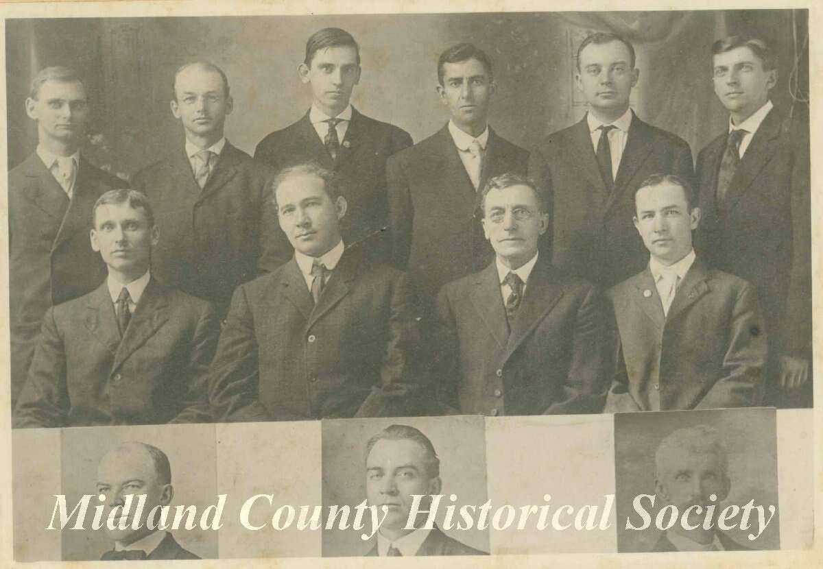 "Leading figures in Midland County Local Option Campaign" 1908. The county went "dry" on May 1, 1908. Lower: Hon. Gilbert A. Currie, Rev. Arthur E. Thornley, and Neil McKay Sr., Secretary. Middle, from left: E.O. Barstow, Rev. Myron E. Adams, Rev. Harlan Page Corey, Neil C. McKay Jr. Top, from left, Roy Feighnor, Fred N. Lowry, Leon R. Surrine, Walter Culver, Leo Lowe, and Lorenzo Roeller. Original committee included Neil C. McKay, Myron E. Adams, and Walter Culver. Campaign Mgr. Neil C. McKay, Sec'y Neil McKay, Treasurer Fred N. Lowry. 