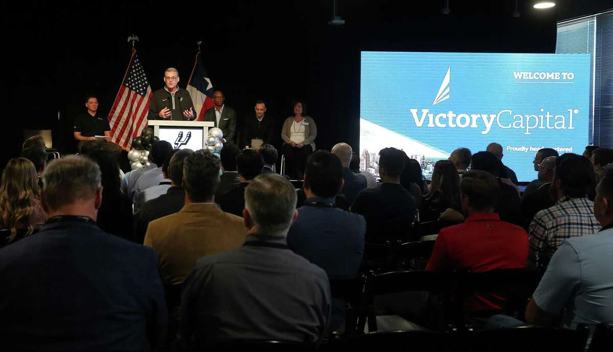 The San Antonio Spurs announce a major partnership with Victory Capital in the naming rights of the team’s upcoming training complex on Wednesday, Jan. 18, 2023. The new “Victory Capital Peformance Center” is slated to open in late summer 2023 as the team’s state-of-the-art training facility. On hand for the announcement were Spurs’ Chairman Peter J. Holt (from left), Spurs’ CEO R.C. Buford, former Spurs player Sean Elliott, Victory Capital Chairman and CEO David Brown and Victory Capital Chief Marketing Officer Caroline Churchill.