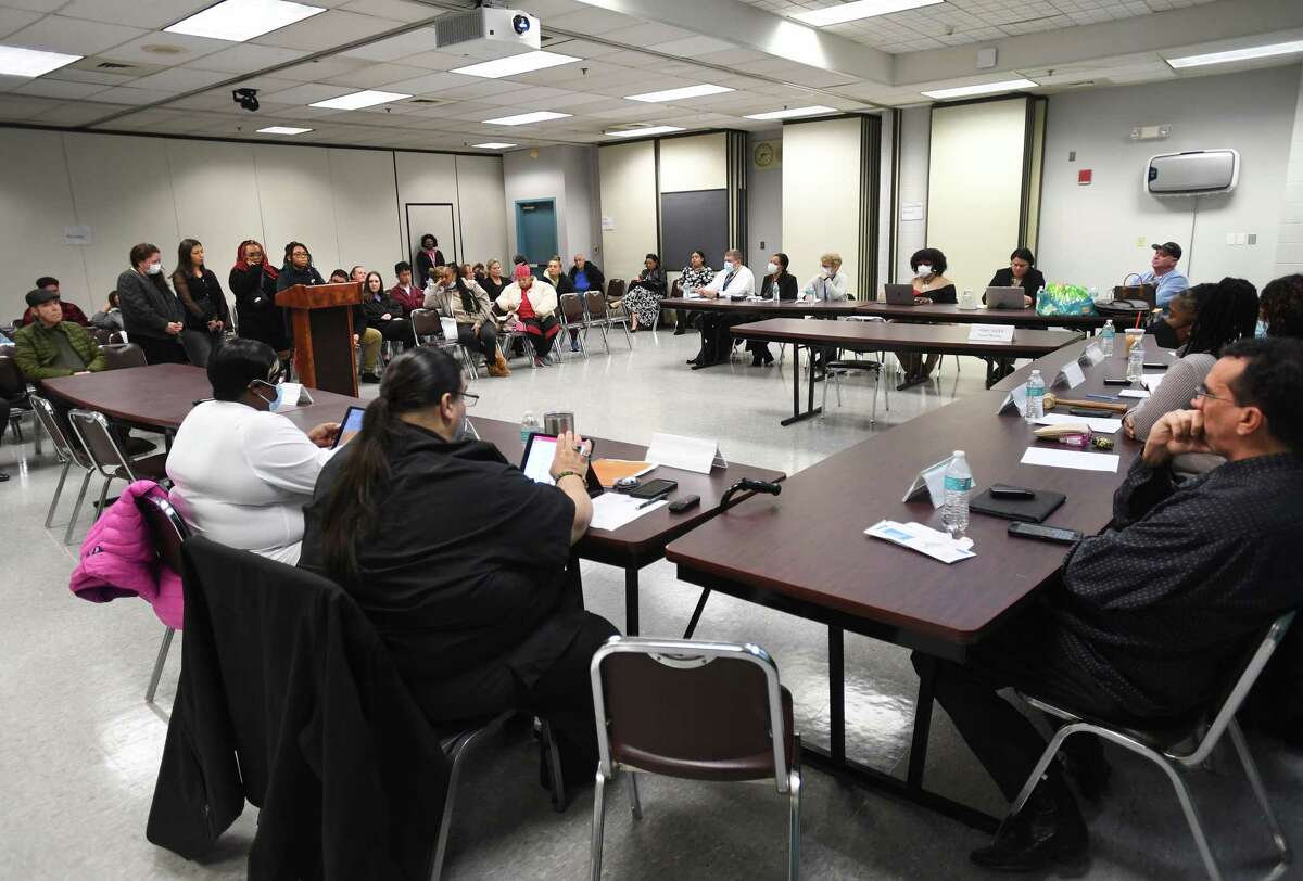 The Bridgeport Board of Education holds a special meeting for public comment on the relocation of seventh and eighth grade students to Thomas Hooker School from Wilbur Cross School in Bridgeport, Conn. on Wednesday, Jan. 18, 2023.