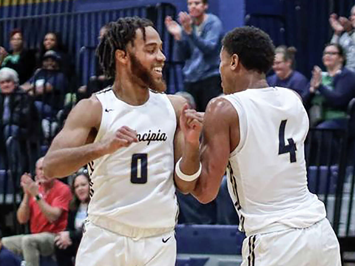 Principia's Shamarri Miles (0) and Jaquan Adams each scored 11 points in Wednesday night's win over Spalding University in Louisville. Adams is a graduate of Civic Memorial High and Lewis and Clark Community College.