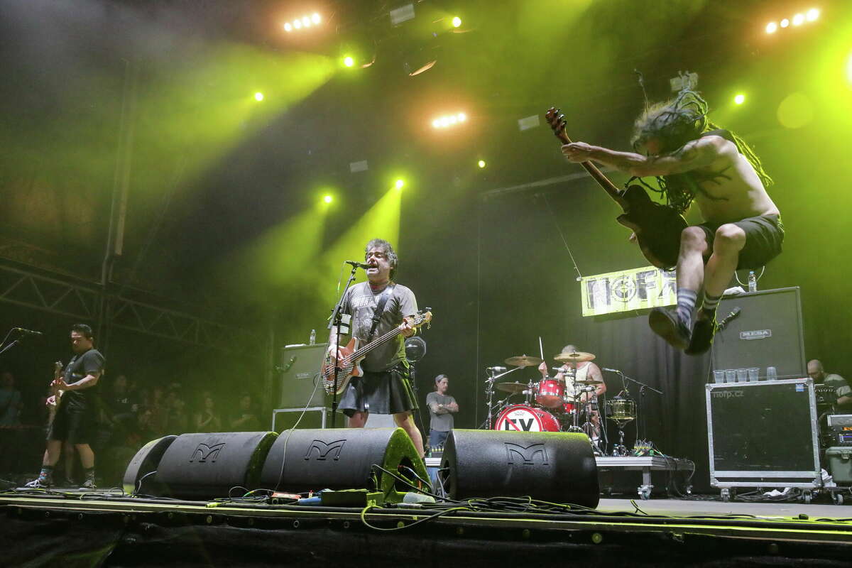 (L-R) El Hefe, Mike Burkett aka Fat Mike, Erik Sandin, and Eric Melvin of the American band NOFX performs live on stage during a concert at the Zitadelle Spandau on June 5, 2022, in Berlin, Germany.