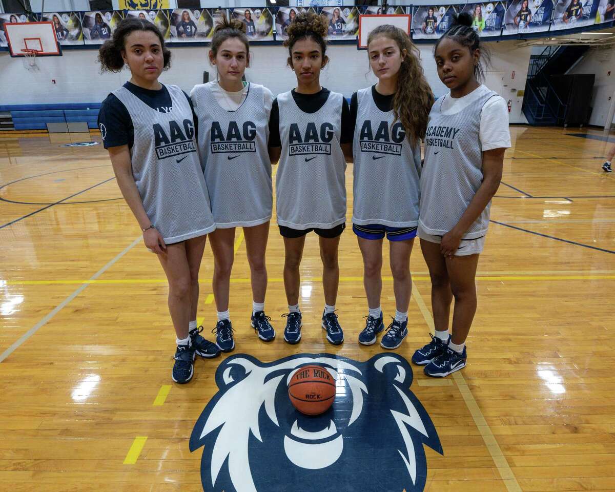 The Albany Academy girls basketball team staring five from left: Bella Vincent, Erin Huban, Stylianna Mantzouris, Morgan Vien and Saige Randolph. Vincent is averaging 14.0 points per game, second on the team.