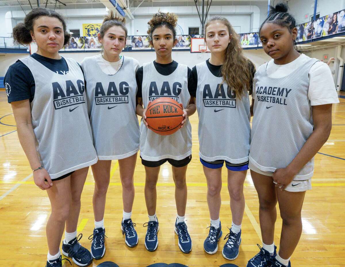 The Albany Academy girls' basketball team staring five from left: Bella Vincent, Erin Huban, Stylianna Mantzouris, Morgan Vien and Saige Randolph. Randolph leads the team in scoring at 14.7 points per game.