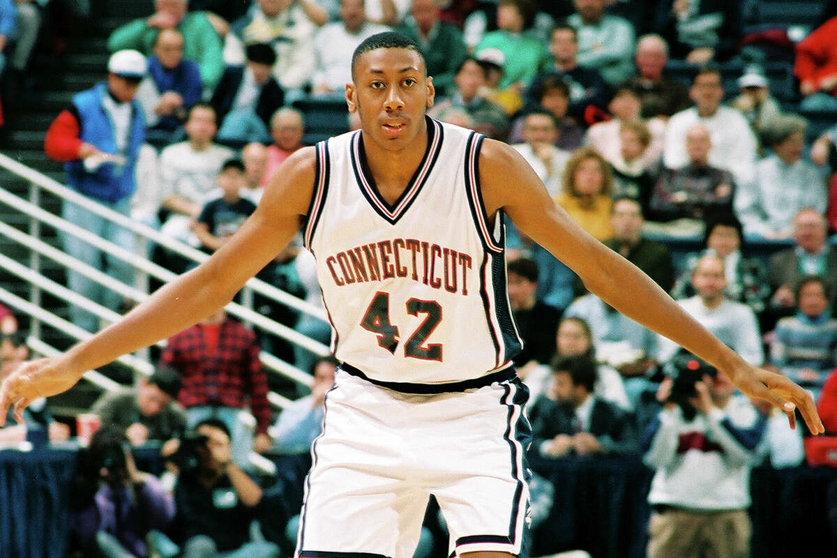 University of Connecticut basketball player Donyell Marshall plays defense, Storrs, Connecticut, 1994. (Photo by Bob Stowell/Getty Images)