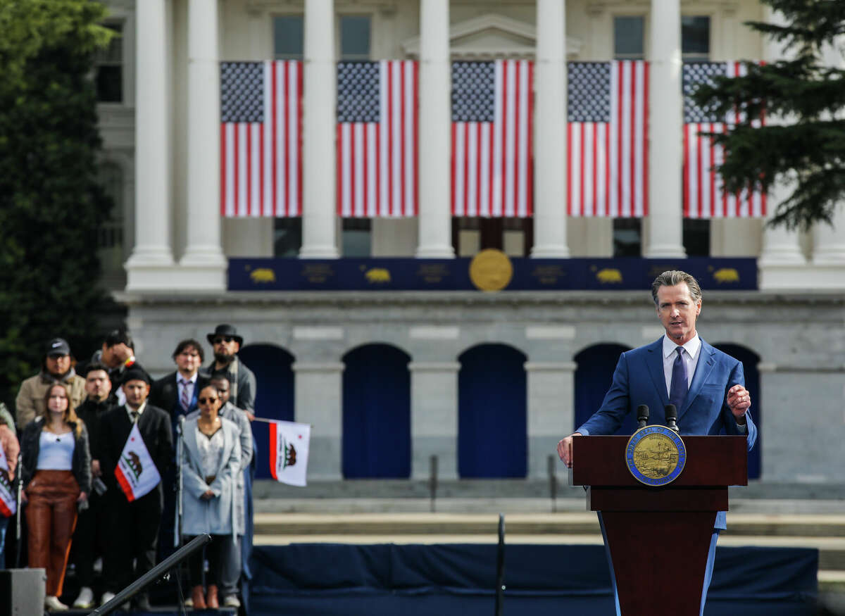 Gov. Gavin Newsom delivers his inauguration speech after taking the oath of office at the state Capitol on Jan. 6. Gavin Newsom says California is an alternative US republic. It's possible.