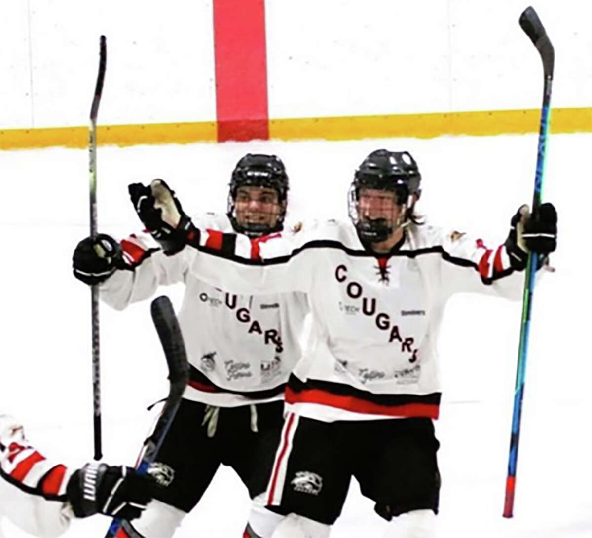 SIUE players celebrate a goal earlier this season. The Cougars will face Bradley at 7:30 Friday night at the East Alton Ice Arena in special "Glow Game," that will feature glow sticks and thunder sticks distributed to fans at the East Alton Ice Arena.