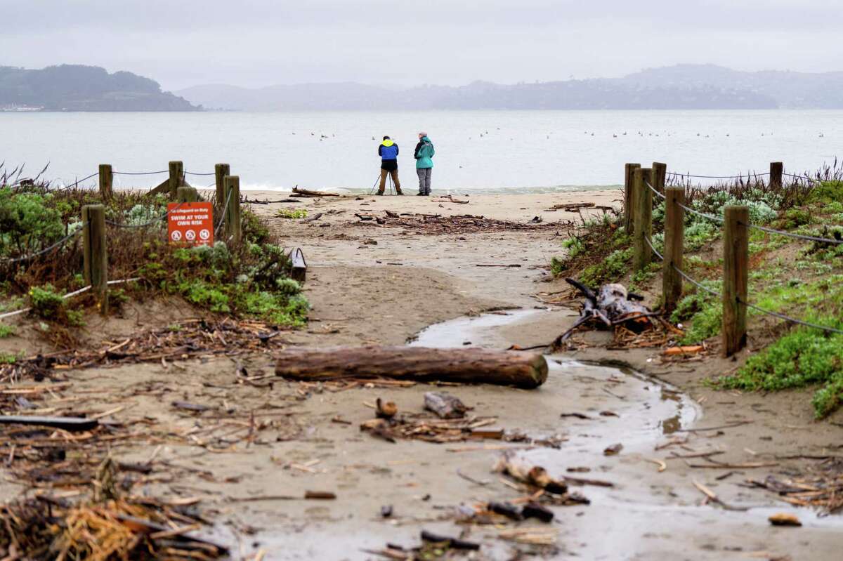 Two people take photos on the sand in the middle of piles of driftwood that have washed up onto Crissy Beach in San Francisco, Calif. on Saturday, January 14, 2023.