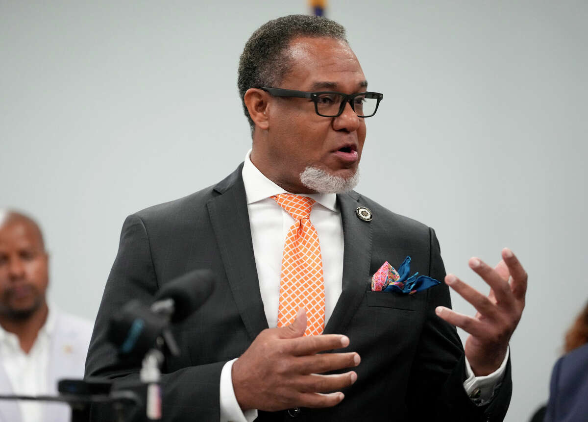 Texas State Rep. Jarvis Johnson speaks during a press conference on Tuesday, Aug. 9, 2022, in Houston.