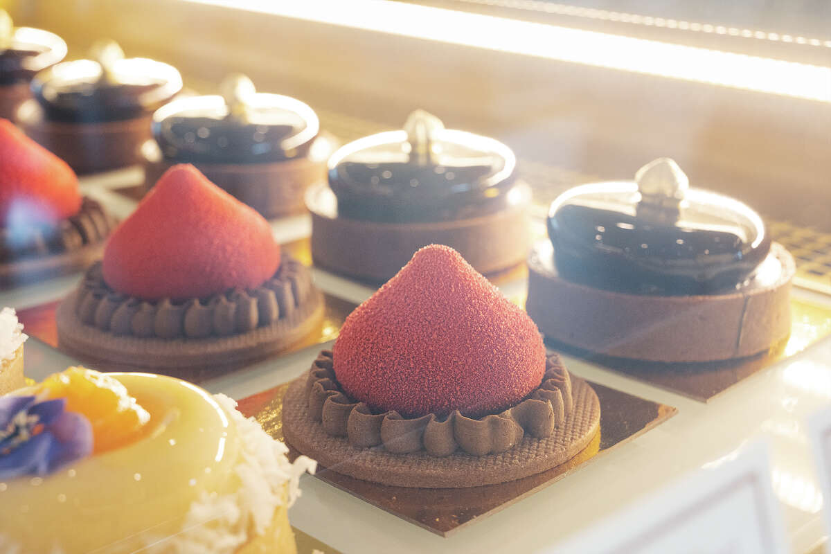 (Front to back) Passion Fruit Tart, Black Forrest, and Royal Hazelnut at Marvel Cake in Campbell CA, Jan. 13, 2023