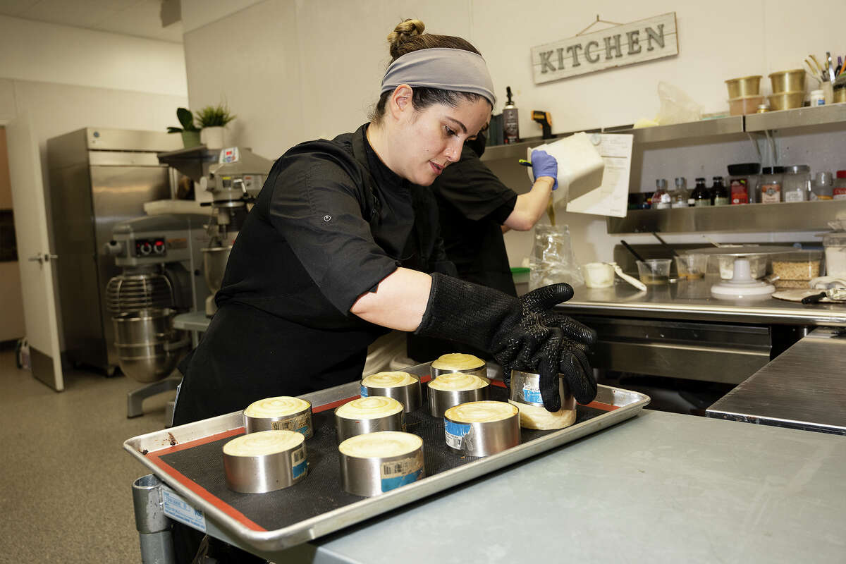 Chef Maliheh Sadeghi showing how they make spiral croissants at Marvel Cake in Campbell, Calif., Jan. 13, 2023.