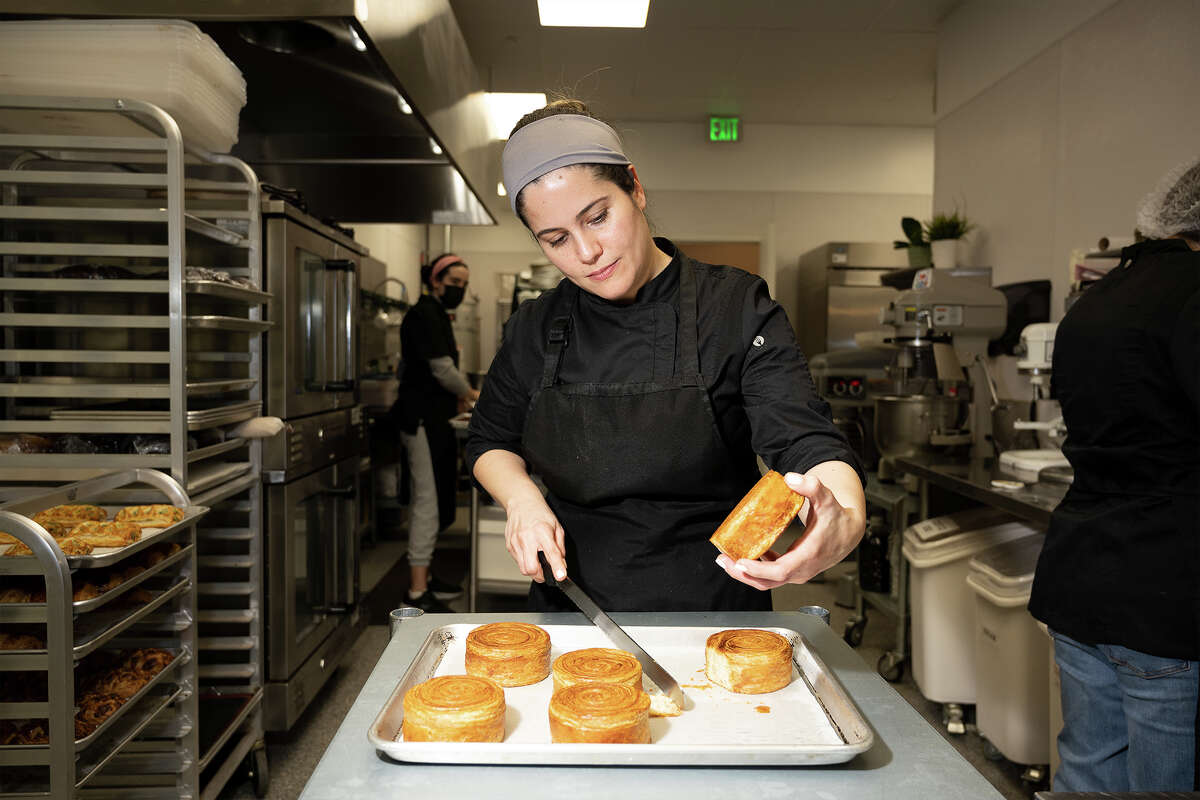 Chef Maliheh Sadeghi showing how they make "The Spiral" at Marvel Cake in Campbell CA, Jan. 13, 2023