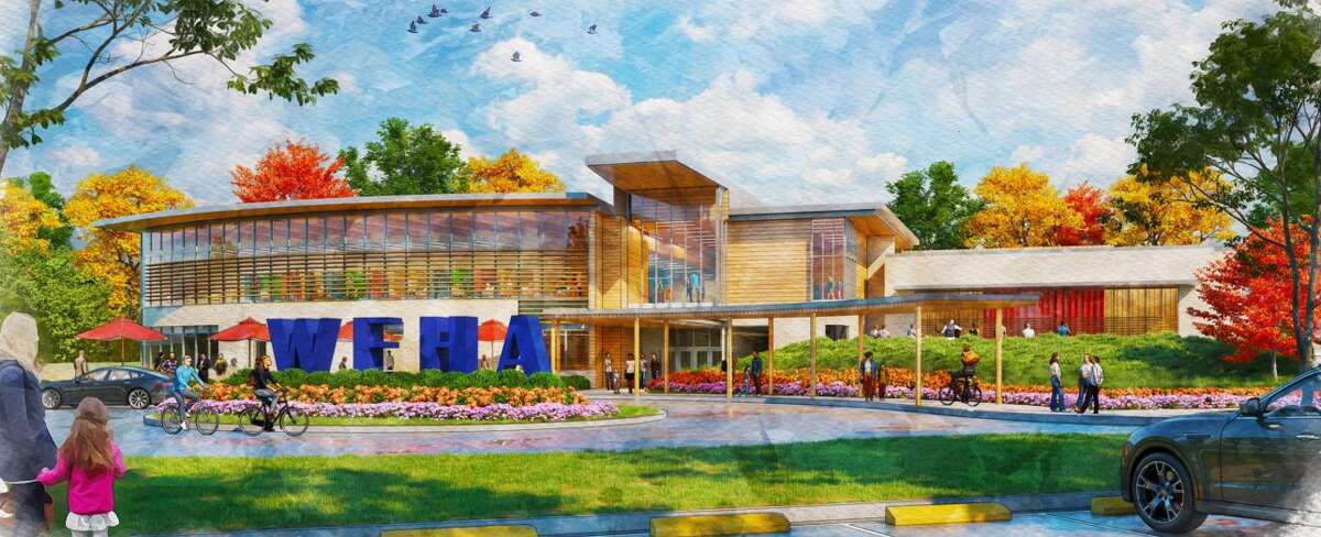 A rendering shows what the outside of West Hartford's new Elmwood Community Center could look like. Designs are not final.
