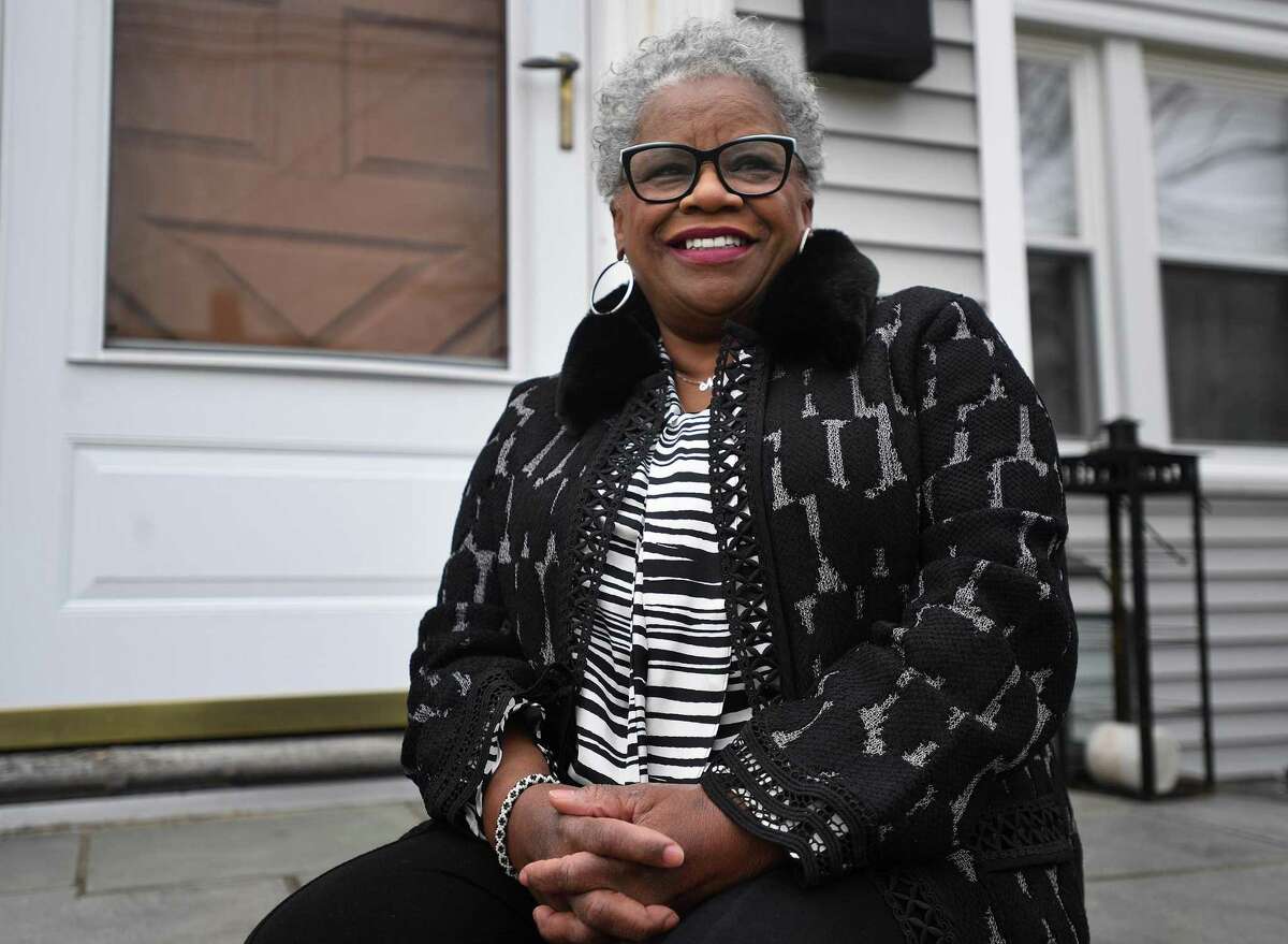 State Sen. Marilyn Moore outside her home in Bridgeport in 2021.