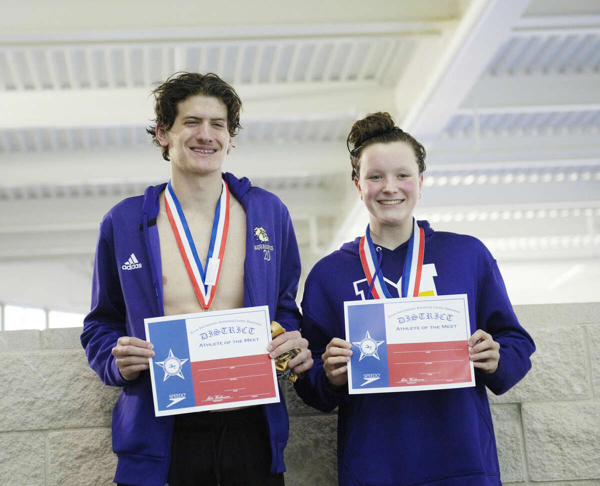 Midland High junior Jake Shelton earned the Boys Swimmer of the Meet award and Midland High freshman Hannah Krueger was the Girls Swimmer of the Meet during the District 2-6A Swimming & Diving Championships, Jan. 19 at COM Aquatics. 