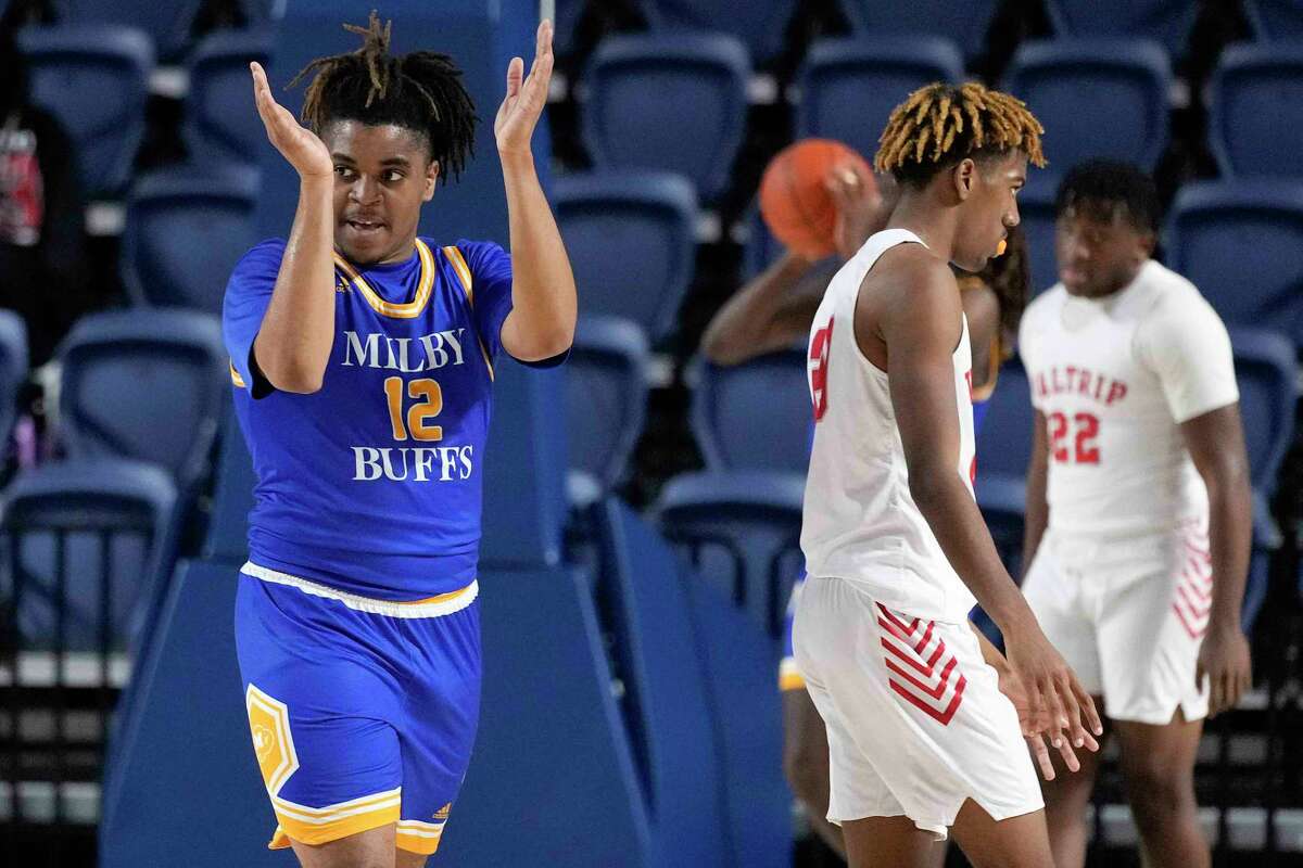Milby forward Aarion Baugh (12) celebrates the team’s win over Waltrip in a high school basketball game, Thursday, Jan. 19, 2023, in Houston.