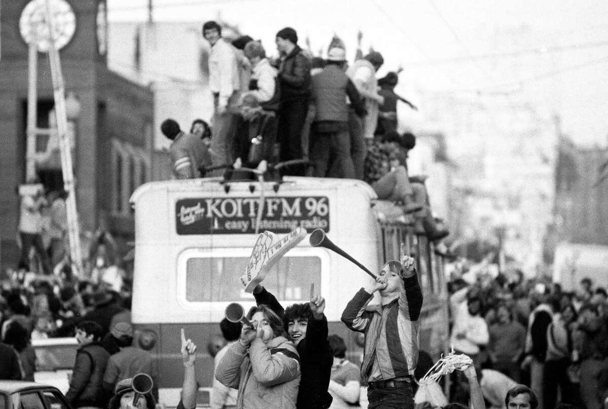 Above: The 41 Union Muni bus eventually came to an extended halt near Union and Laguna streets. Below: 49ers fans throw a party on Douglass Street in the city, watching their team prevail in Super Bowl XVI.