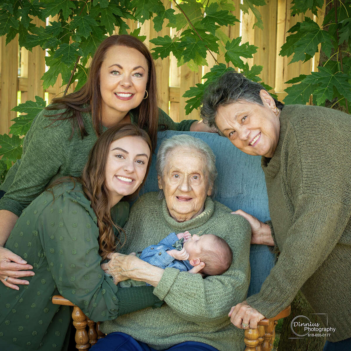 From left to right: Lisa Rogers, 57, Cassidy McDonough, 23, Colter McDonough, 5 months, Ethel Bilbruck, 94 and Judy Osborne, 74