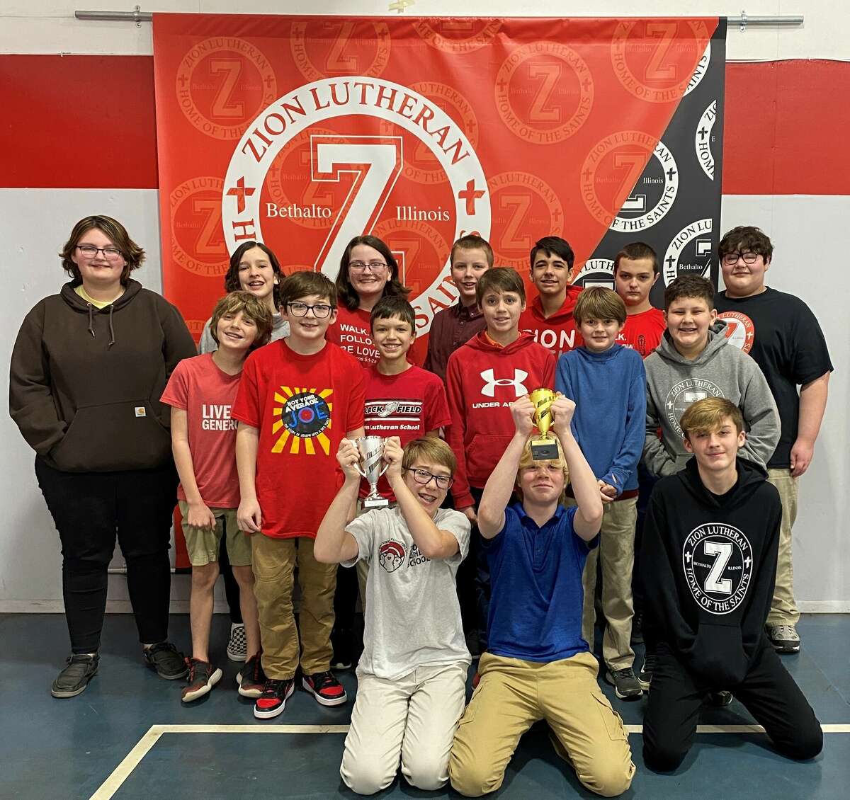 Zion Lutheran School students in Bethalto recently took first and second place honors in the Division II Rocket League. Pictured from left, identified by the school only by their first names, are, front row, Hayden, Brady and Caleb; second row, Isaiah, Jackson, Aidan, Curtis, Henry and Ben; and back row, Kenedi, Mia, Lily, Titus, Rhett, Mike and Camden.