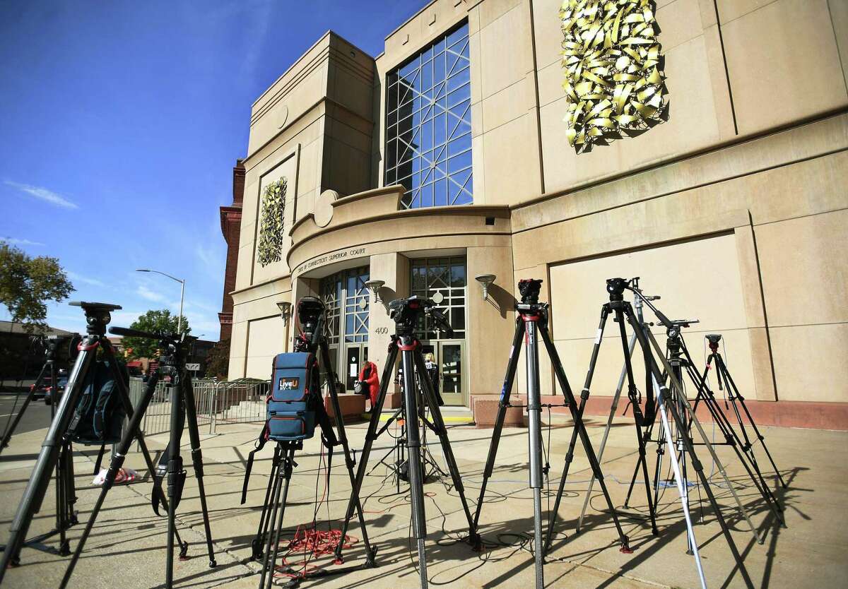 Television camera tripods are set up in preparation for a jury verdict at Superior Court in Waterbury last year.